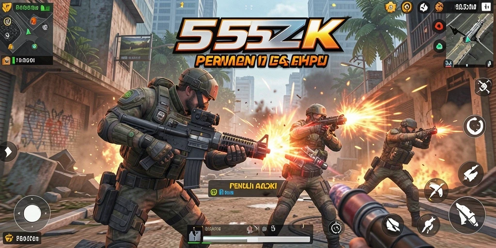 Tampilan gameplay seru dalam 555ZK dengan aksi TPS yang mendebarkan.