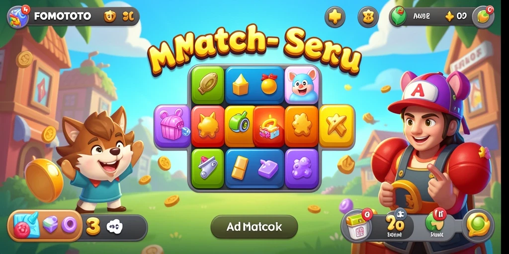 Screenshot gameplay FOMOTOTO dengan elemen Match-3 yang penuh warna.
