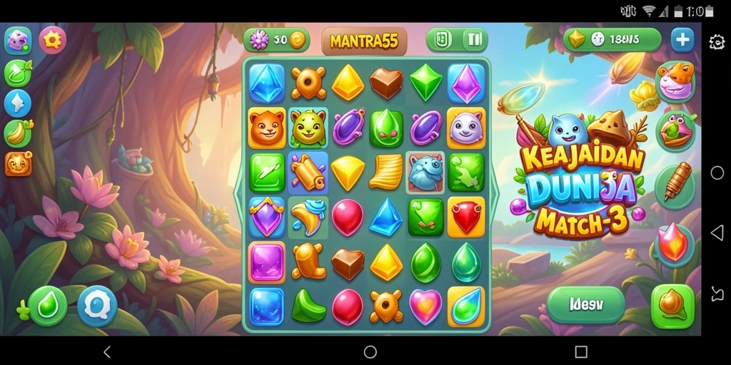 Screenshot MANTRA55 menampilkan gameplay Match-3 yang seru dan menantang.