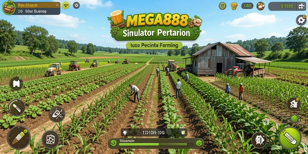 Tampilan gameplay <strong>MEGA888</strong> yang seru dengan aktivitas bertani yang variatif.