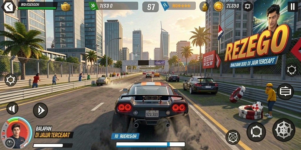 Screenshot gameplay REZEGO menunjukkan akselerasi mobil balap yang mendebarkan.