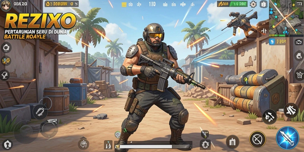 Screenshot gameplay seru dari REZIXO dalam pertarungan Battle Royale.