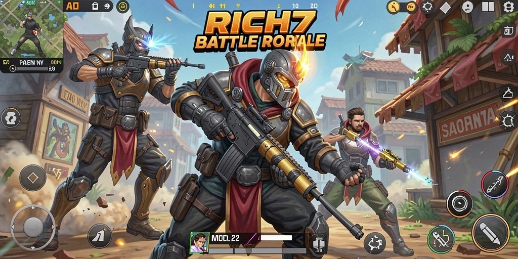 Screenshot RICH7 menampilkan aksi intens dalam pertempuran Battle Royale.