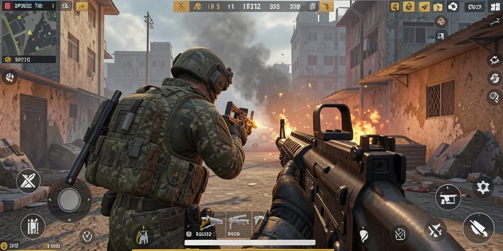 Screenshot gameplay SP212 menampilkan pertarungan TPS yang intens.